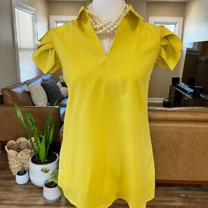 Tahari Bright Yellow Blouse with Ruffle Sleeves